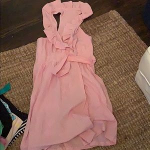 Red seersucker ruffle neck dress